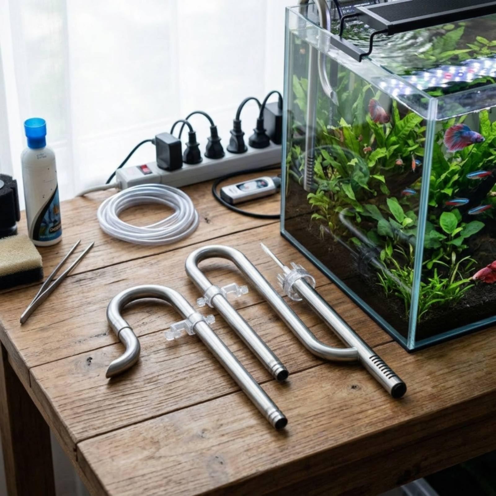 Skimmer di Superficie per Acquario Kit Tubi Ingresso Uscita Inox 304 con Bocca Curva Regolabile per Filtrazione E, Set Di Rimozione Olio Da 12 Mm, Modalità Superiore