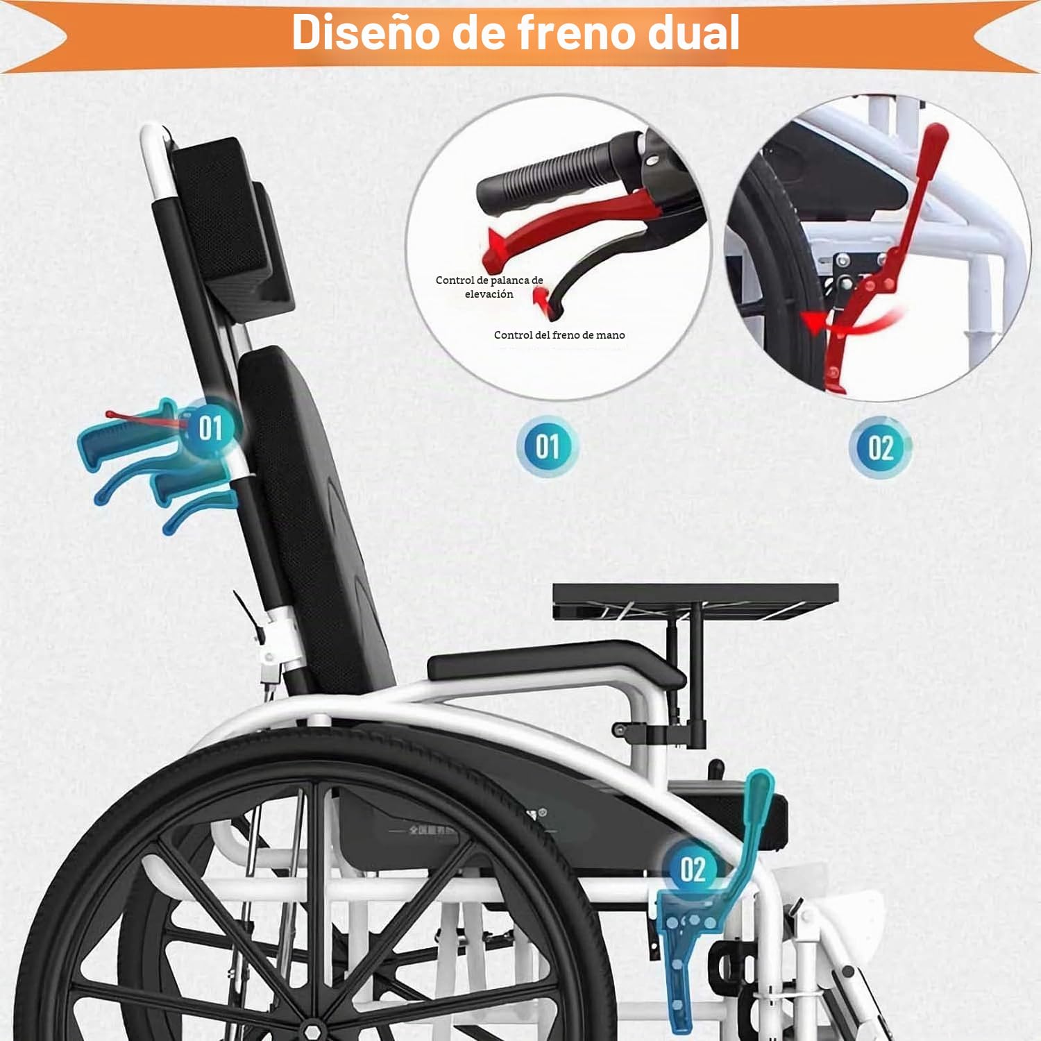 Silla de ruedas MKYOKO reclinable, ligera, de acero al carbono, plegable, autopropulsada, con respaldo alto, reposacabezas extraíble, 180° completo, Gris O Plateado