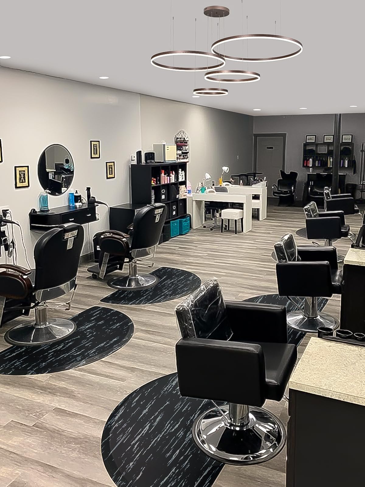TOROKOM Salonmatte, 3 Fuß x 5 Fuß Anti Ermüdungs Salon Bodenmatte für Runde Stuhlbasis Friseur Schönheits Fußmatten Dicke Halbkreis Büro Komfort Bodenmatte für Salon und Friseurbedarf (Black Marble)