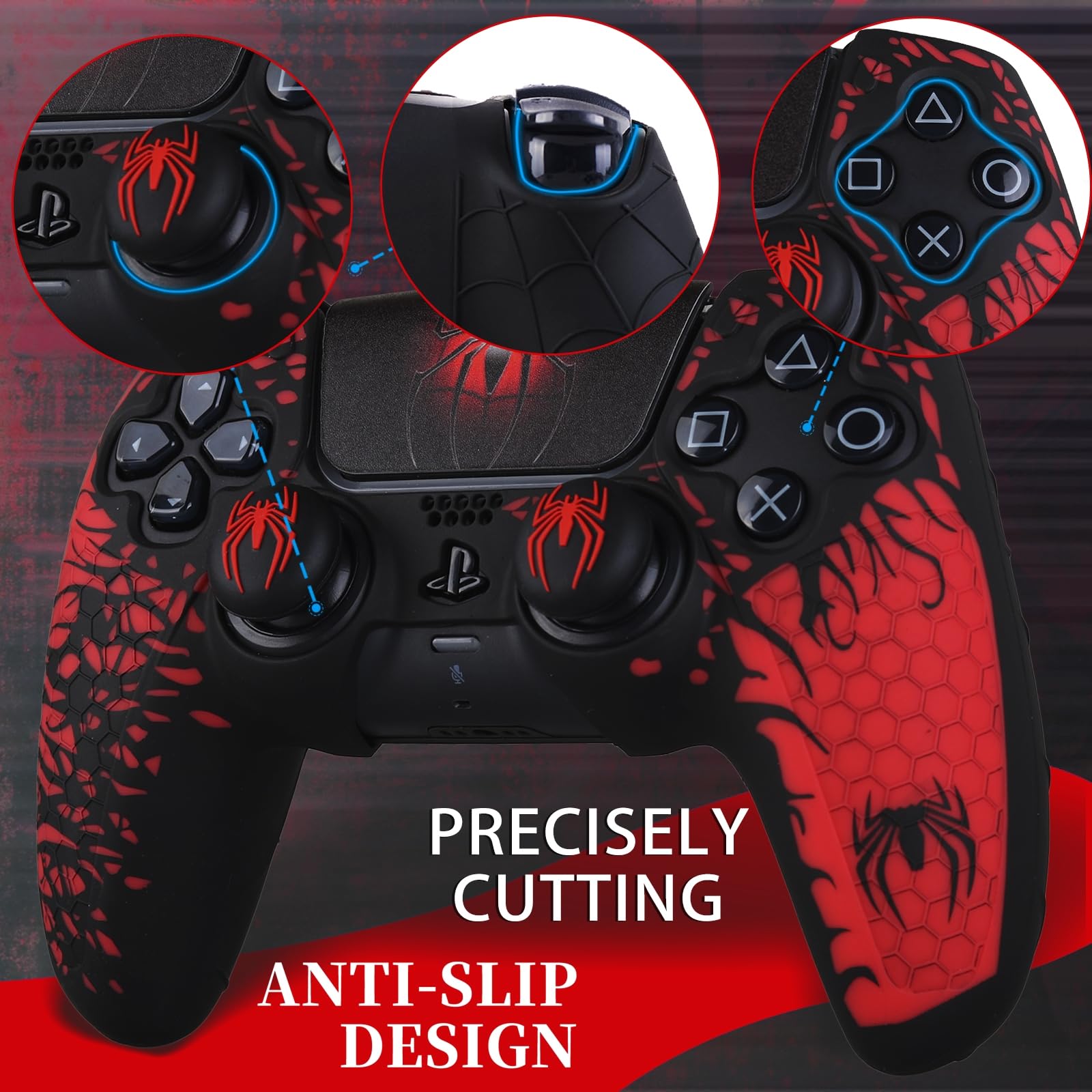 Cover in silicone antiscivolo per controller PS5 con tappi per levette * 2 & adesivo * 1 tema ragno