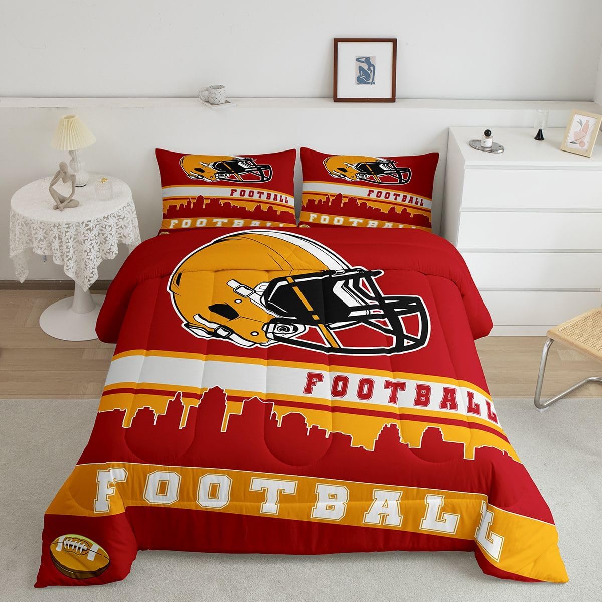 Erosebridal Football Comforter Set Queen Football Fans Bedding for Kids Football City Bedding Comforter Sets Red Yellow Rugby Competition Room Decor Sports Ball Game Duvet Insert