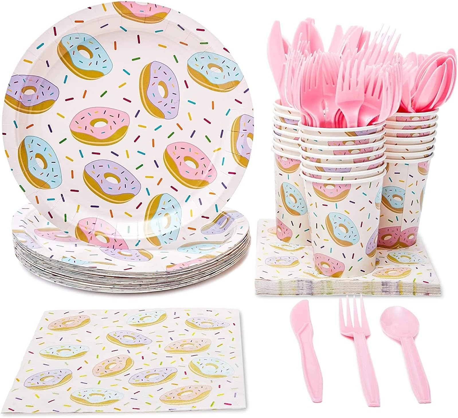 Juvale Donut Themed Party Decorations Kit - 144-Piece Pink Paper Set, Serves 24 - Donut Plates & Napkins, Cups & Cutlery - Sprinkle Party Decorations