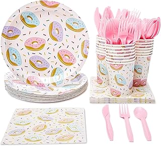 Juvale 144 Piece Donut Grow Up Party Supplies - Serves 24 Sprinkle Paper Plates, Napkins, Cups and Cutlery for Two Sweet B...
