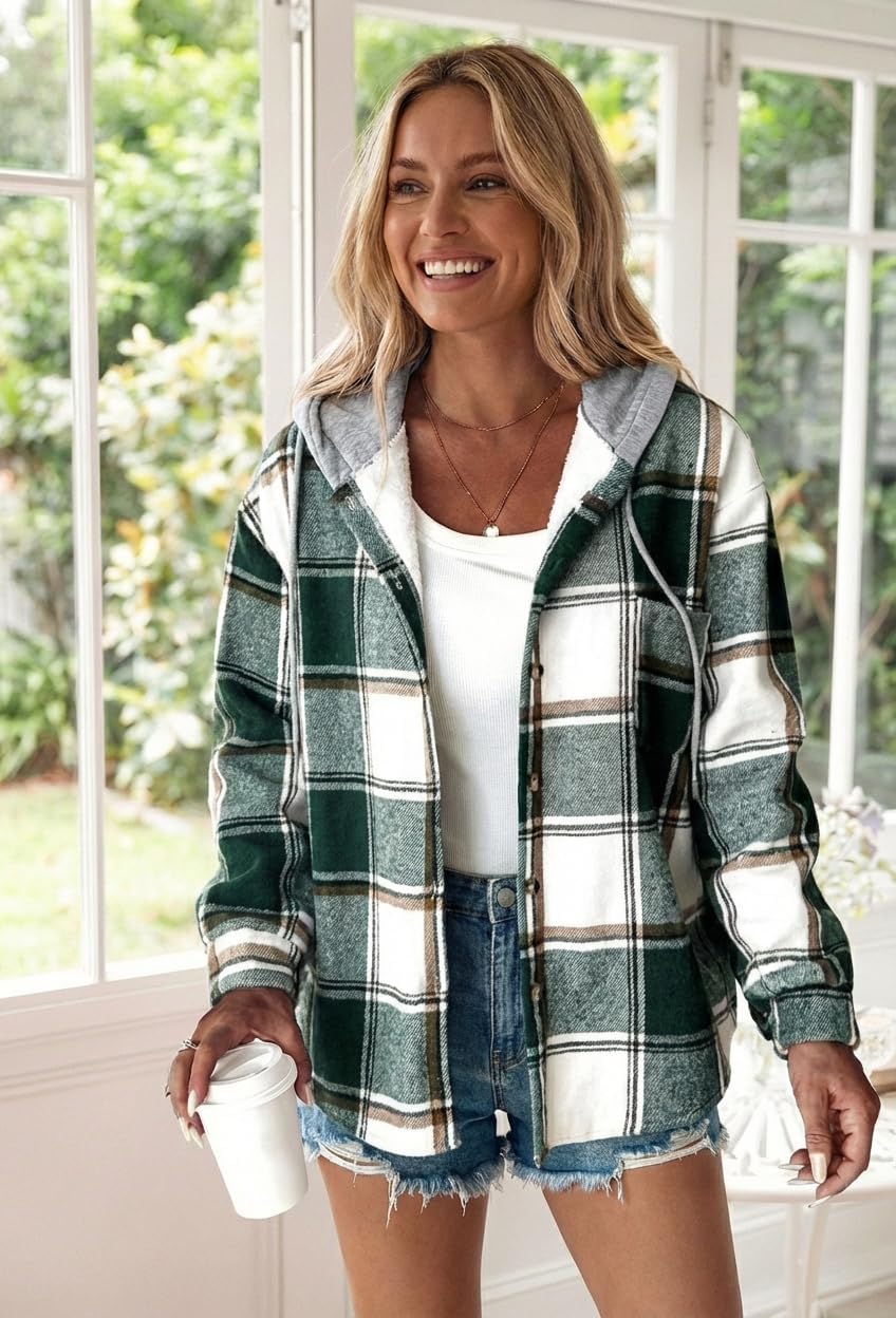 CHICME Womens Lightweight Casual Jacket Plaid Long Sleeve Shacket Fleece Lined Hooded Jackets Warm Coat - Image 4