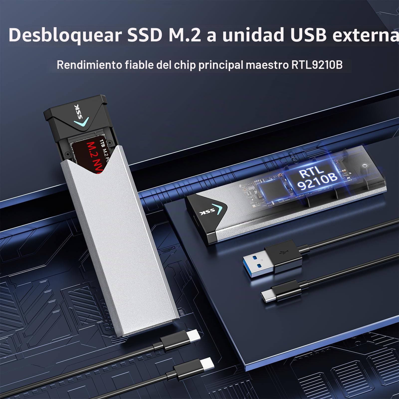 SSK Adaptador de Caja SSD SATA M.2 NVME de Aluminio, USB 3.2 Gen 2 (10 Gbps) a PCI-E NGFF M-Key/(B+M) Key Soporte de Carcasa SSD Externa UASP para SSD 2242/2260/2280