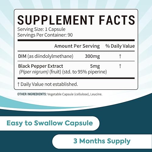 Miniatura 2 de Suplemento DIM de 300 mg para mujeres y hombres, con extracto de pimienta negra, 90 cápsulas