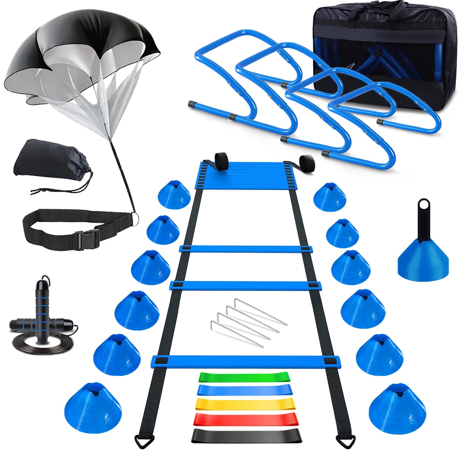Agility Training Equipment, Football Training Equipment Includes 20FT Agility Ladder,4 Adjustable Agility Hurdles, 12 Football Cones, Parachute, for Training Soccer Basketball Athletes