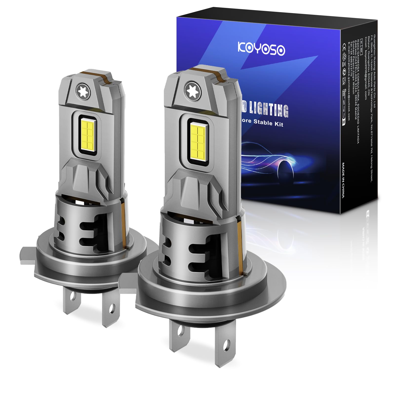 KOYOSO Ampoule H7 LED 110W 30000LM Phare pour Voiture Remplacement Halogène | 1:1 Size Design,Plug&play,CANBUS Ready,6500K Blanc,IP68,Ventilateur haute vitesse,No Adapter Required, Lot de 2