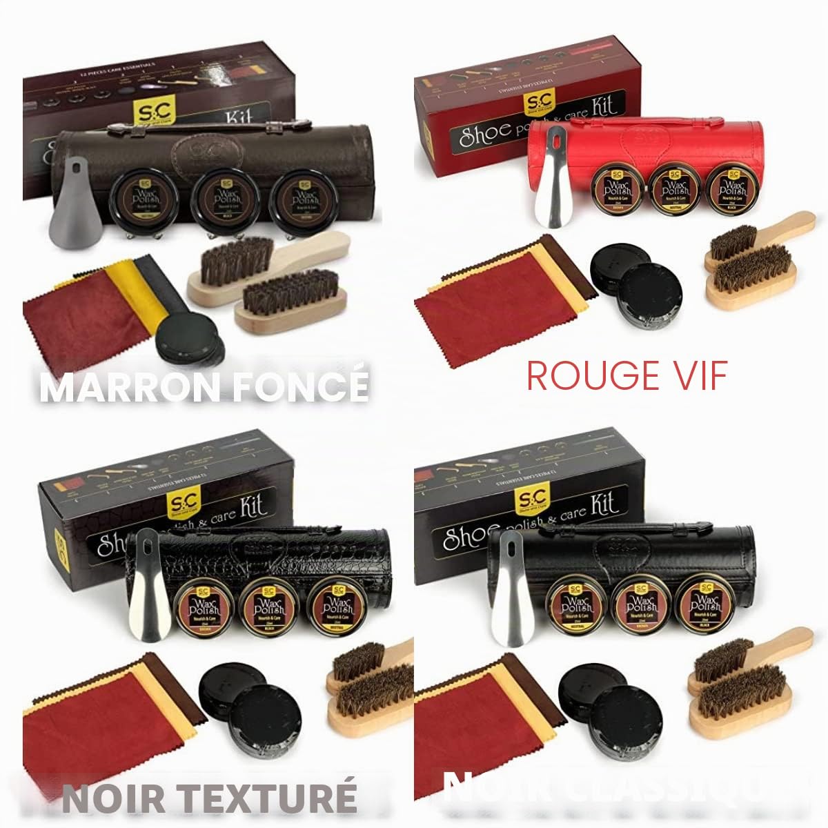 Stone & Clark Kit de cirage et d'entretien 12 pièces pour cuir avec cire marron, brosses à chaussures pour polissage