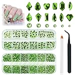 qiipii 3180Pcs Light Green Nail Rhinestones Multi Shapes Crystal Grass Green Flatback K9 Glass Rhinestones Gems Round Beads Stones Diamonds jewels w Wax Pen for Nails Face Eye Makeup Clothes Shoes DIY