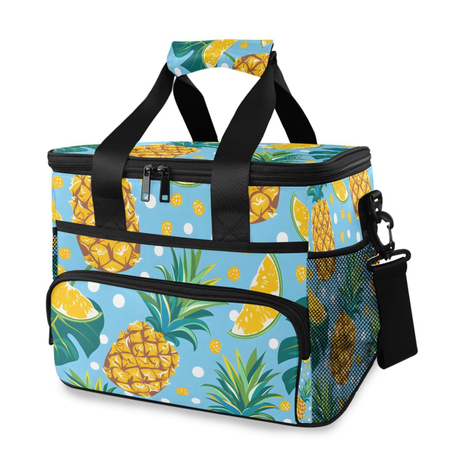 Bolsa térmica grande con diseño de hojas tropicales, lunares, piña, aislada, para picnic, 15 litros, 24 latas, impermeable, para adultos, hombres y mujeres