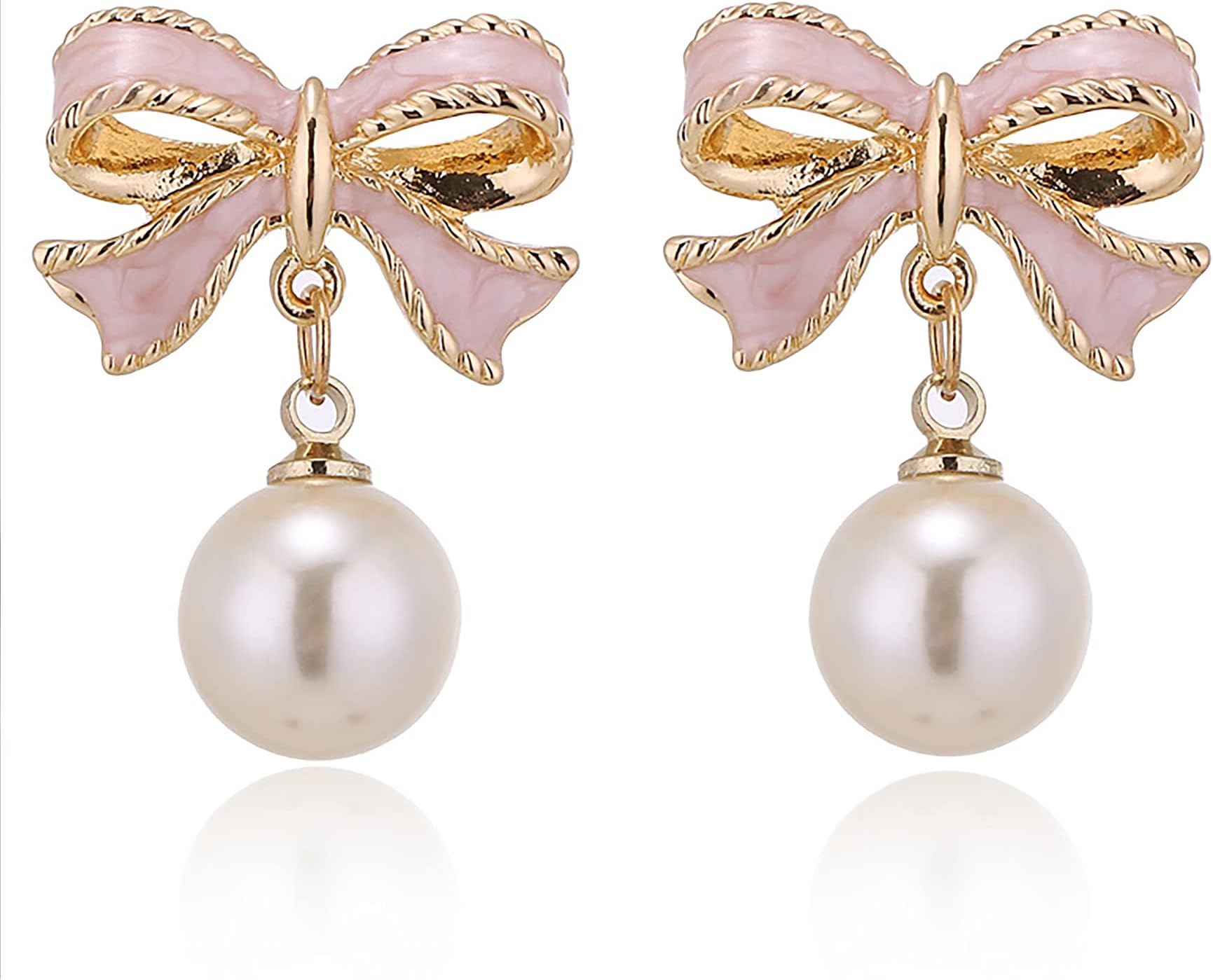 MXHUAFaux Imitation Pearl Pink Bowknot Dangle Drop Earring Stud, Metal Pearl