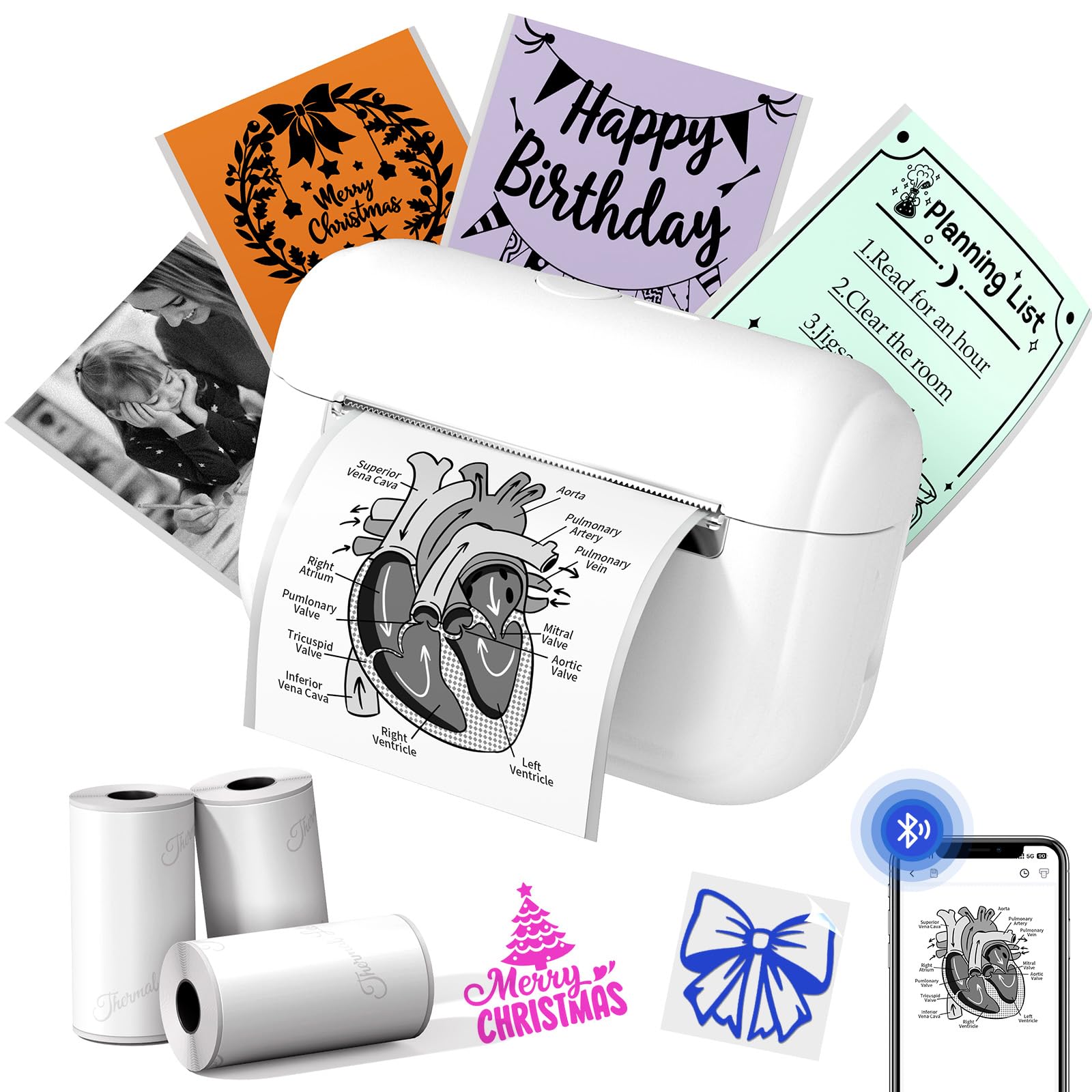 Memoking Mini Drucker mit 3 Aufkleberpapier Rollen, MiniDrucker für Smartphone, Tragbarer Mini Thermodrucker Q02E Bluetooth Sticker Drucker Belegdrucker für Studiennotizen, Foto, Erstellung, Geschenke