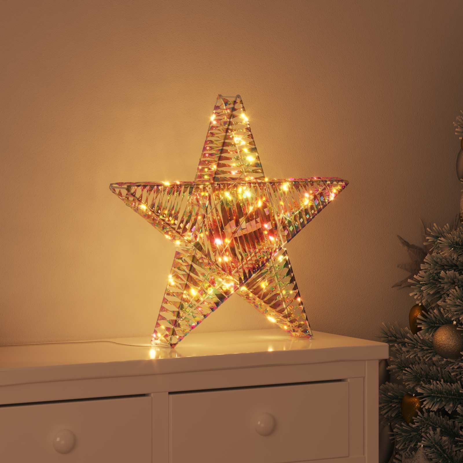 Estrella 3D con 50 ledes blanco cálido PET decoración navideña 55 x 52,5 x 9 cm alimentado por USB para interior y exterior festivo decoración de Adviento ventana salón