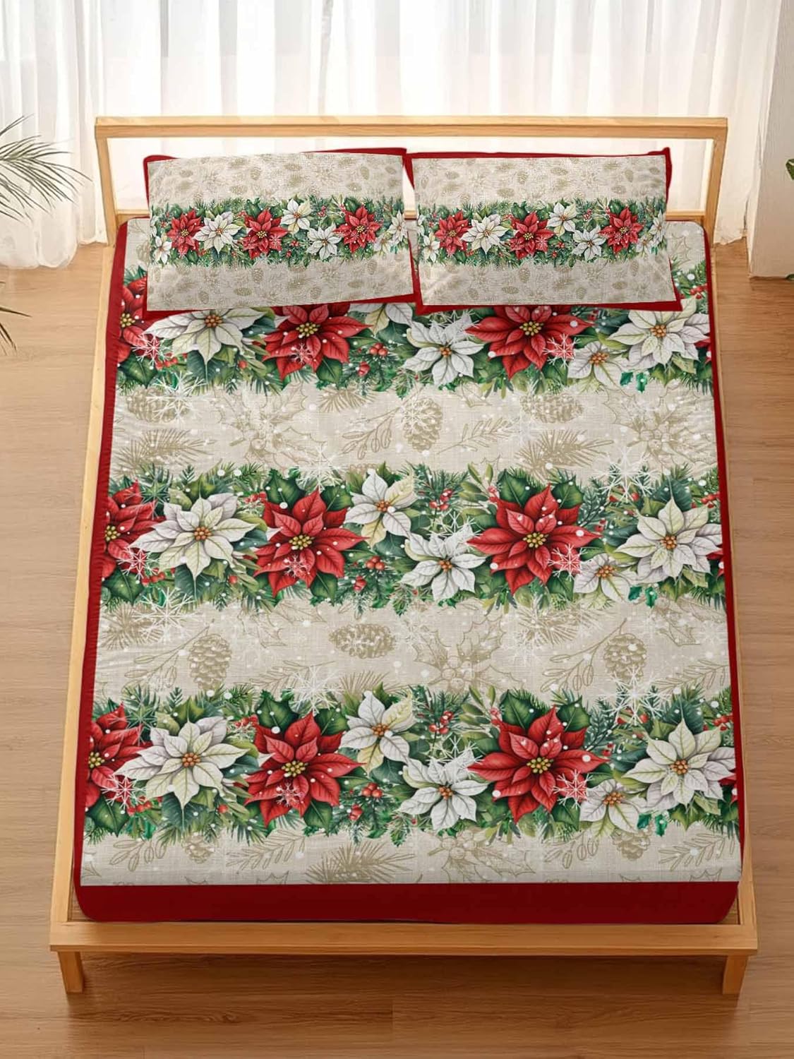 King Fitted Sheet Deep Pocket Bed Sheets with Elastic,Xmas Poinsettia Floral Berry Vintage Flower Back Soft Brushed Microfiber Bed Sheet Set,Christmas Holly Leaf Mattress Cover with 2 Pillowcase