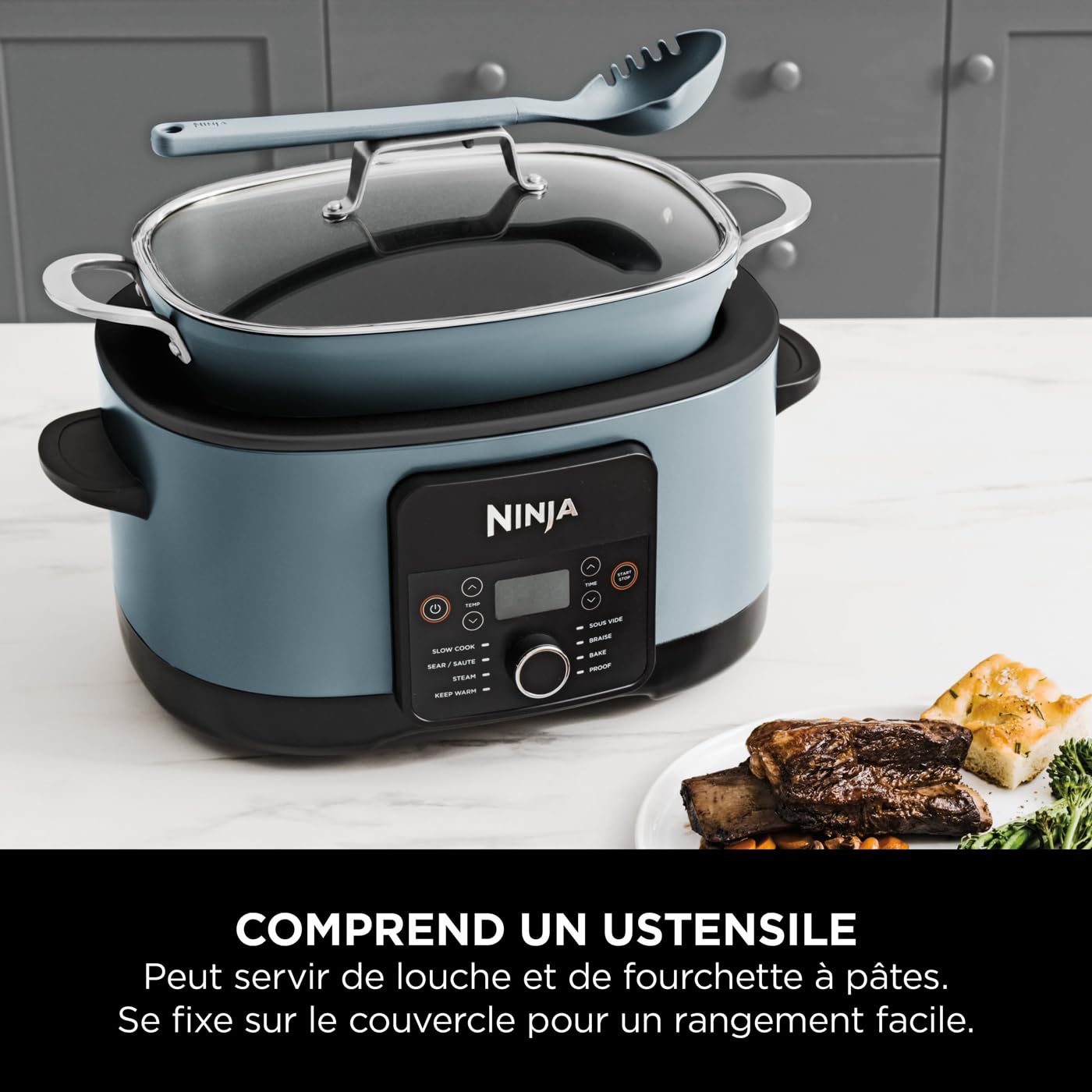 Ninja Foodi PossibleCooker 8 L, Multicuiseur et Mijoteuse 8-en-1, Cuve antiadhésive, Cuillère et Couvercle, Appareil de cuisson, Mijoter, Cuir à la vapeur, Saisir, Rôtir, 8 portions, Gris, MC1001EU