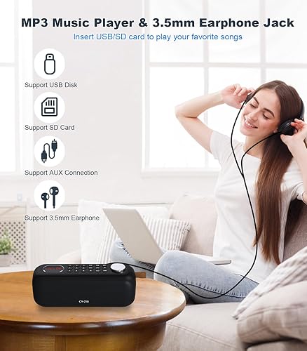 Miniatura 8 de Altavoz Bluetooth portátil con radio FM digital, compatible con tarjeta USBSD MP3 PlayAUXREC, batería recargable incorporada de 3000 mAh, altavoz de