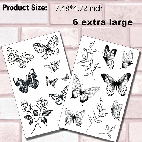 Miniatura 8 de Tazimi 6 hojas grandes de tatuajes temporales de mariposa negra para mujeres, flores, mariposas, colibrí, golondrina, rosa, tatuajes temporales,