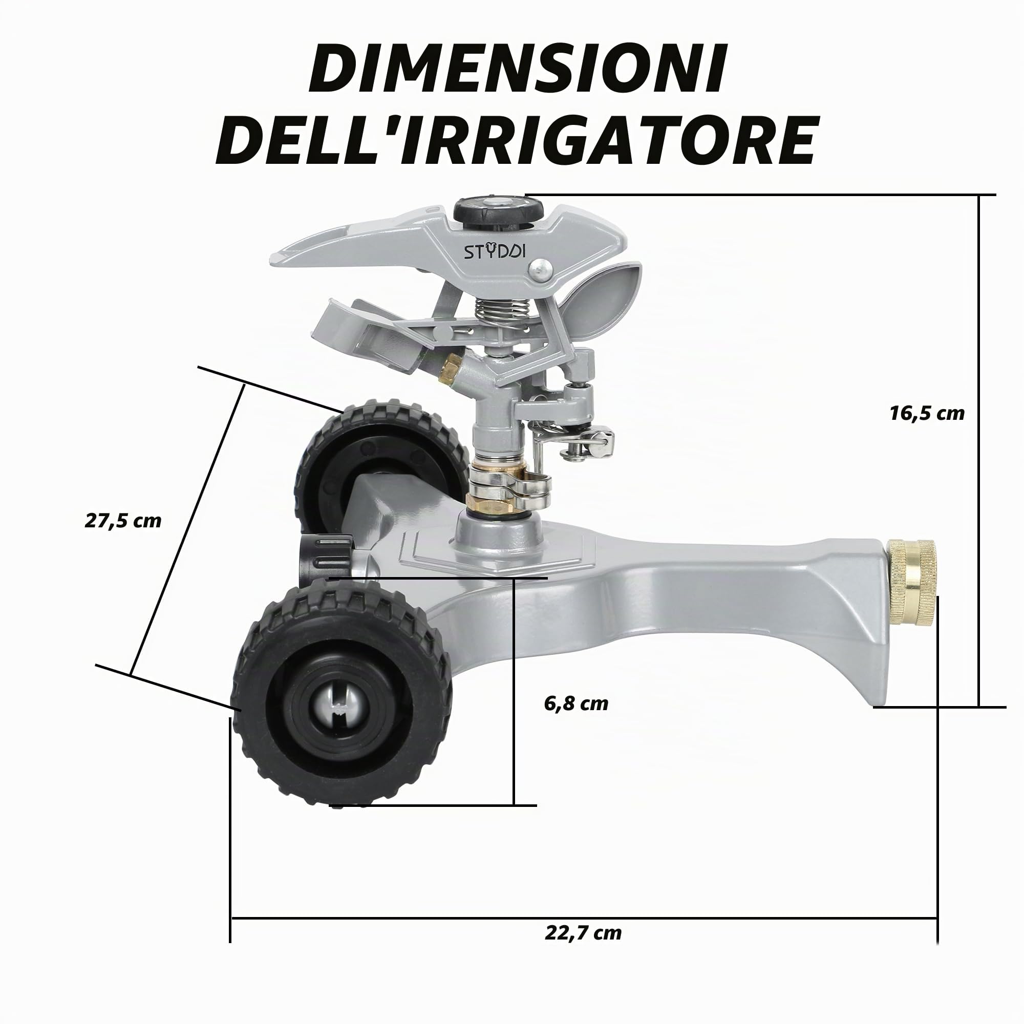 STYDDI Irrigatore pulsante in metallo su base con ruote in metallo in-serie, irrigatore circolare regolabile per prato circolare di medie e grandi dimensioni, cortile, giardino e grandi aree