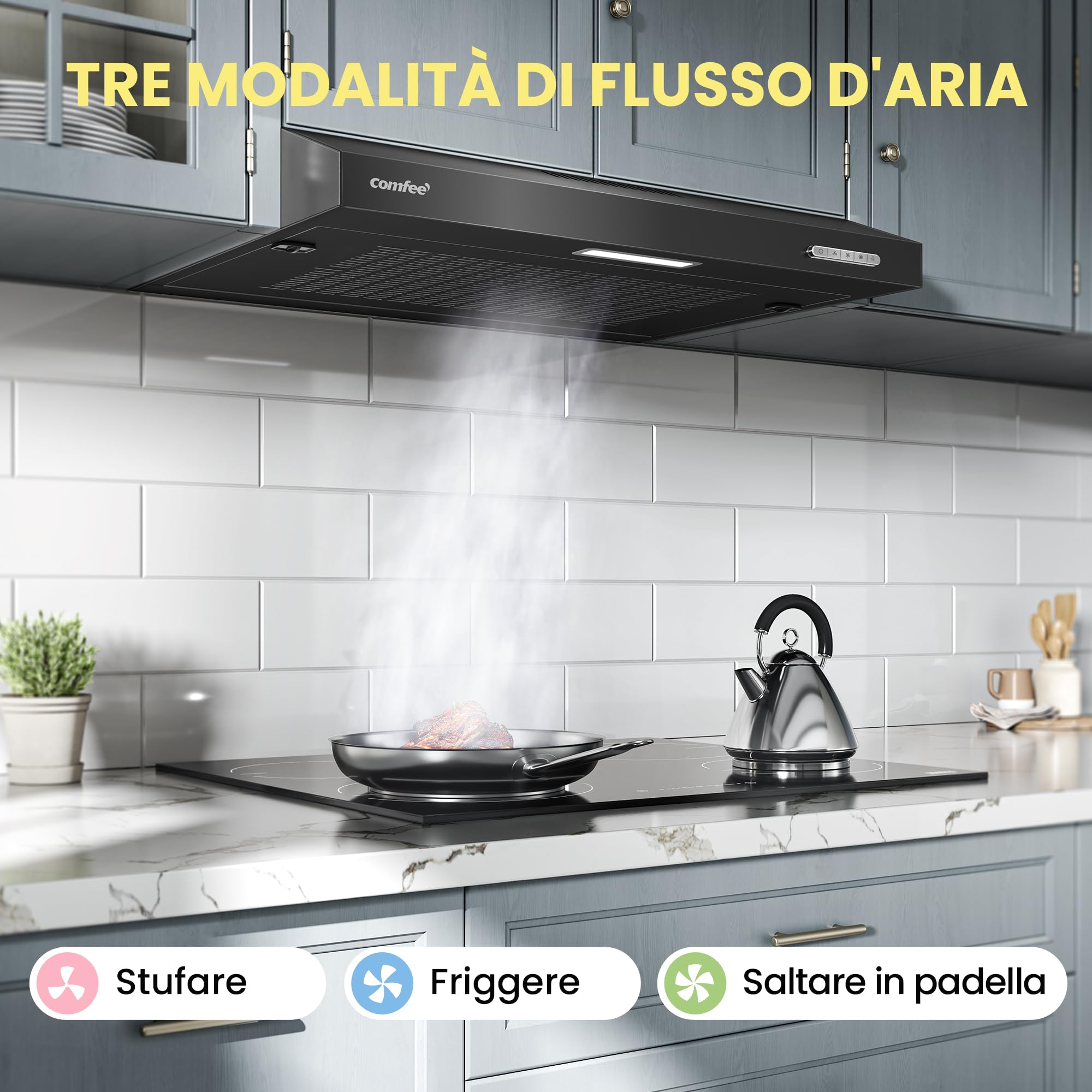 COMFEE' Cappa Aspirante 60 cm SLIF17B-60 A LED Sottopensile Aspiratore A Parete Aspirazione Superiore 600 mm - Nero