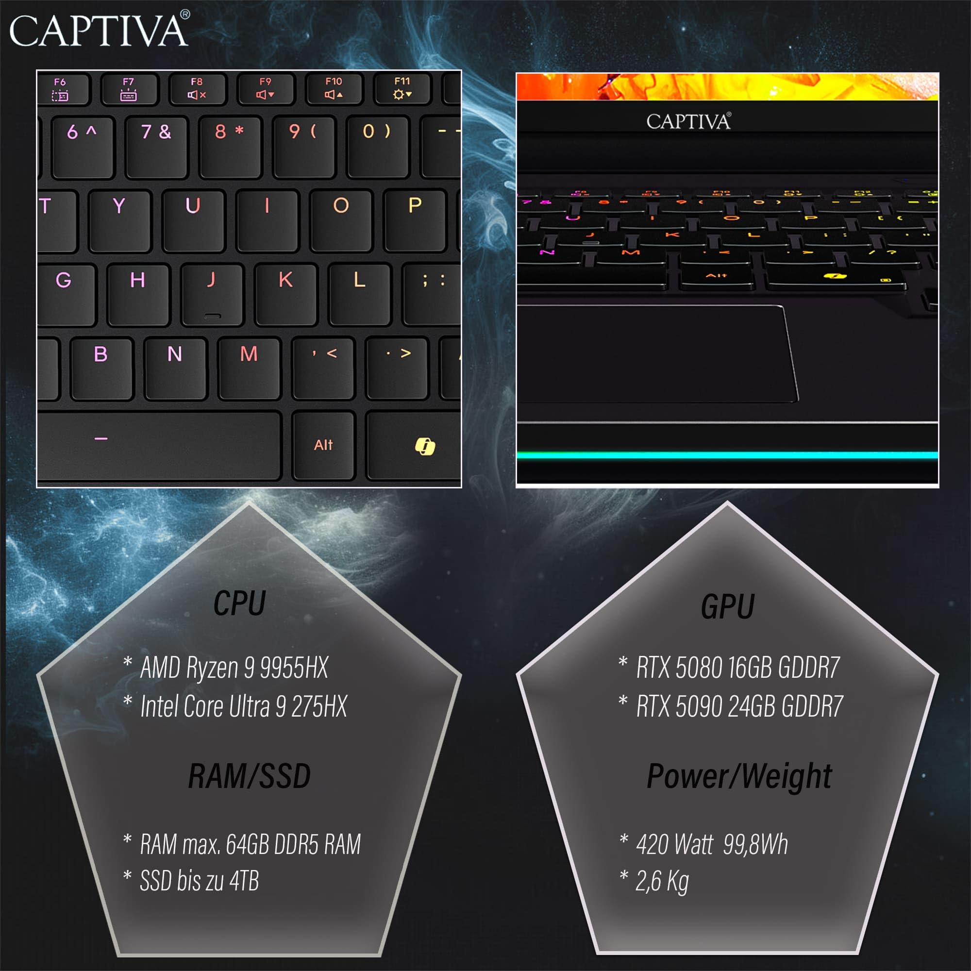 Captiva Notebook Highend Gaming R10-3080GE | AMD Ryzen 9 9955HX | 32GB DDR5 RAM | NVIDIA GeForce RTX 5080 16GB | 1 TB SSD | 16 Zoll WQXGA 300Hz | Windows 11 Home