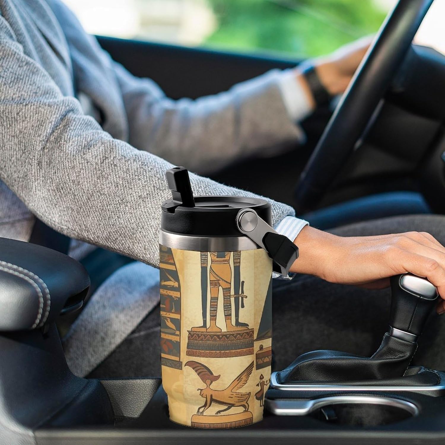 30oz Insulated Tumblers with Top Handle, Stainless Steel Ancient Egypt Tribe Series Car Cup with Straw for Gift, Leak-Proof Double Wall Vacuum Travel Mug, Personalized Water Bottles Black