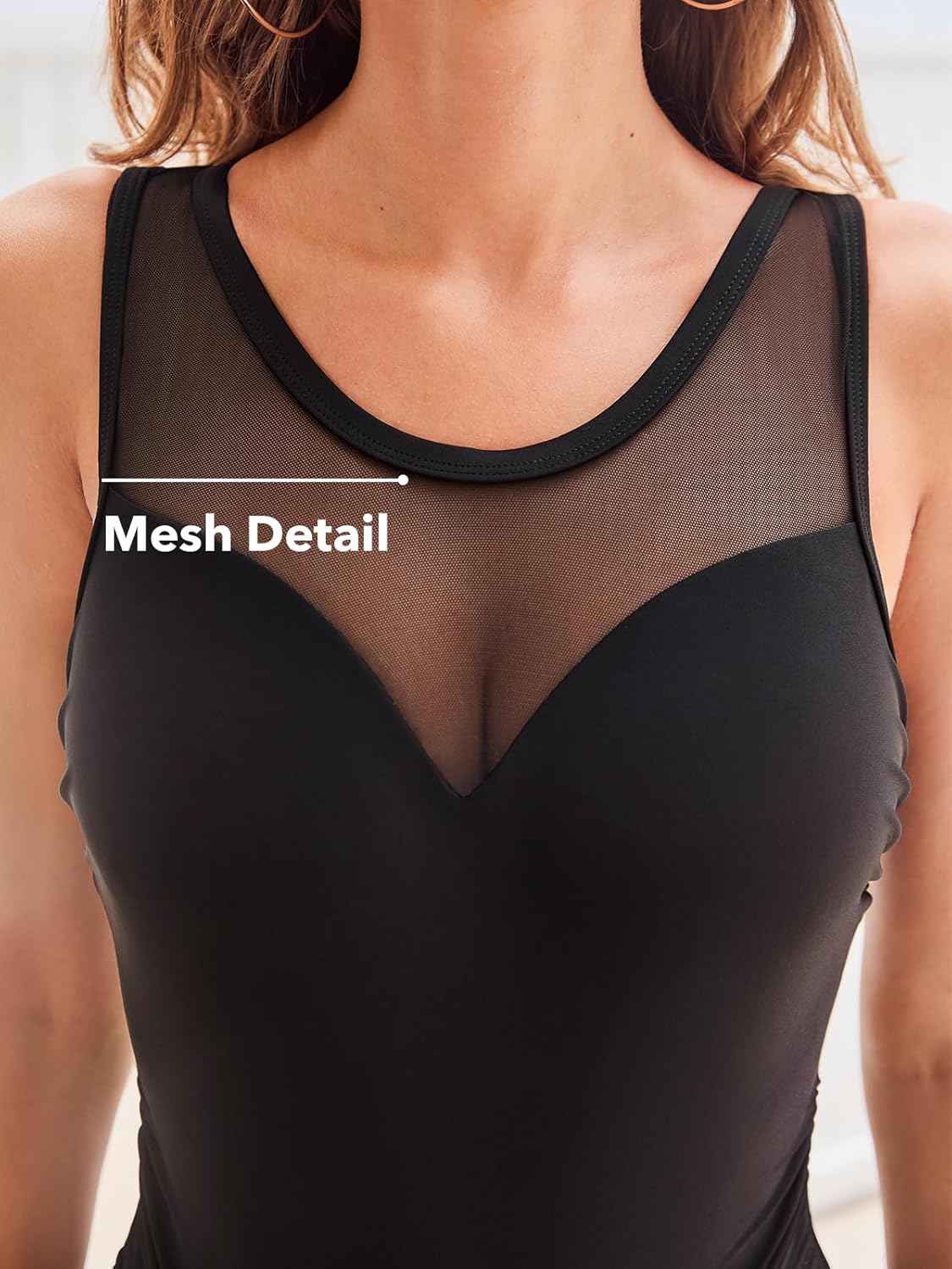 CUPSHE Women's One Piece Swimsuit Tummy Control High Neck Mesh Panel Bathing Suit Sexy Cutout Back Hook Ruched