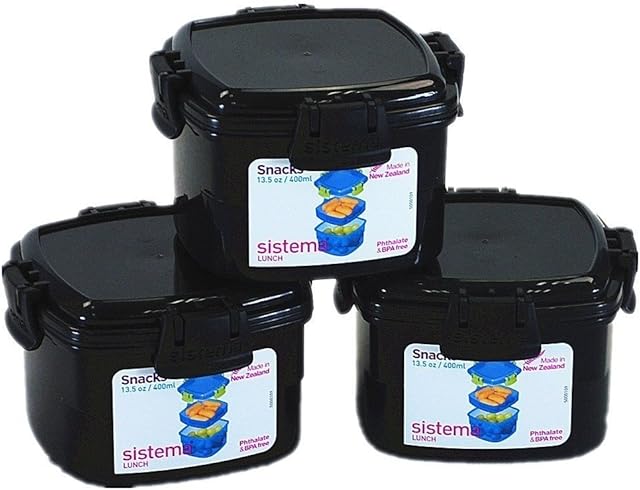 Sistema® Small Plastic Snack Fruit Breakfast Lunch Box Food Storage with Locking Clip Lid 400ml Black - BPA Free (3pcs)