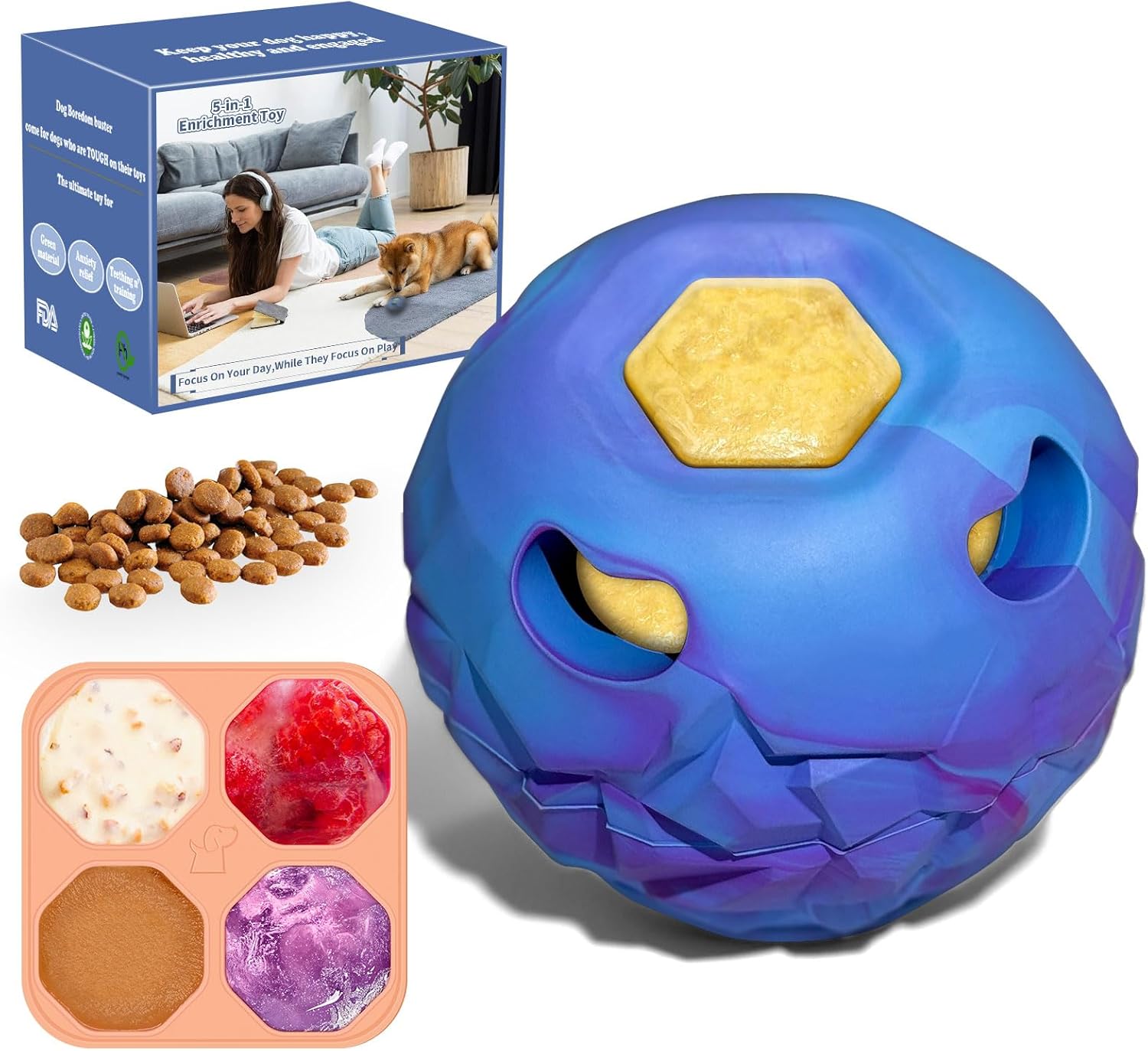 5-in-1 Dog Enrichment Toy – Bite & Brush Freeze Ball, Dog Toys, Interactive Chew Toy for Large Aggressive Chewers (25-85 lbs), Freezable Bone for Dogs, Homemade Treat Dispenser (Green, Large)