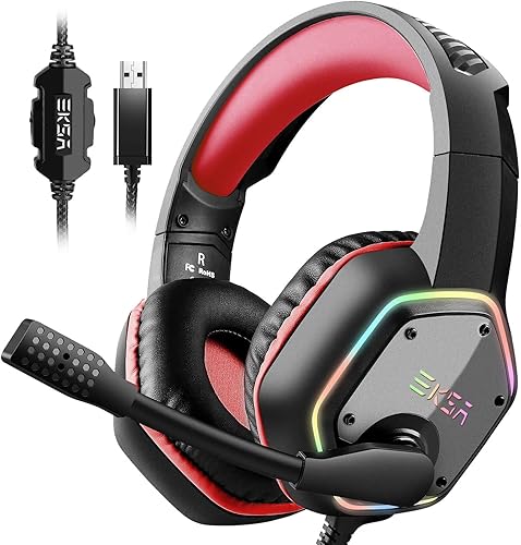 EKSA Auriculares E1000 para videojuegos, auriculares para computadora con micrófono de cancelación de ruido y luz RGB, sonido envolvente 7.1,