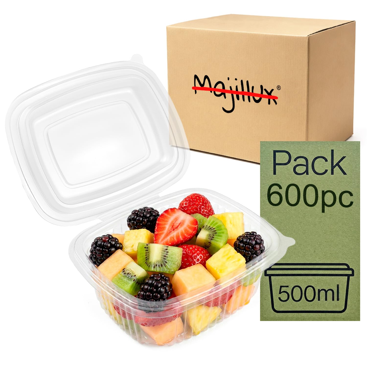 600 Envases de PP Herméticos con Tapa Bisagra de 500 ml | Caja de 600 Envases de 500 ml | Para Platos Individuales, Pasta y Ensaladas | PP | Microondas y Congelador