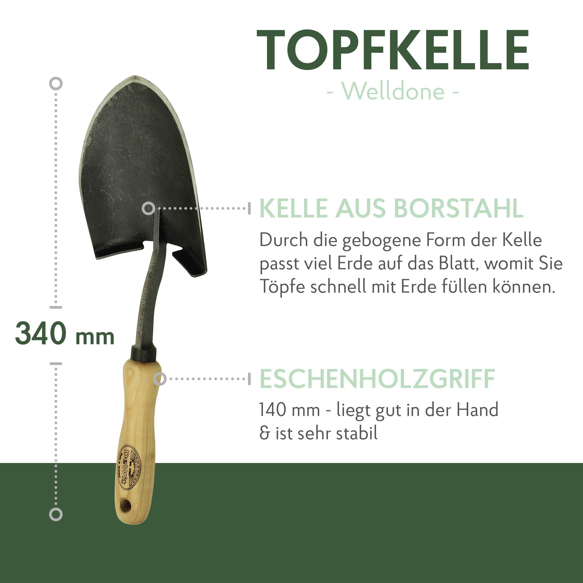 DeWit Topfkelle Welldone 34 cm Profi Blumenschaufel Borstahl FSC Handschaufel Garten-Schaufel Made in Holland