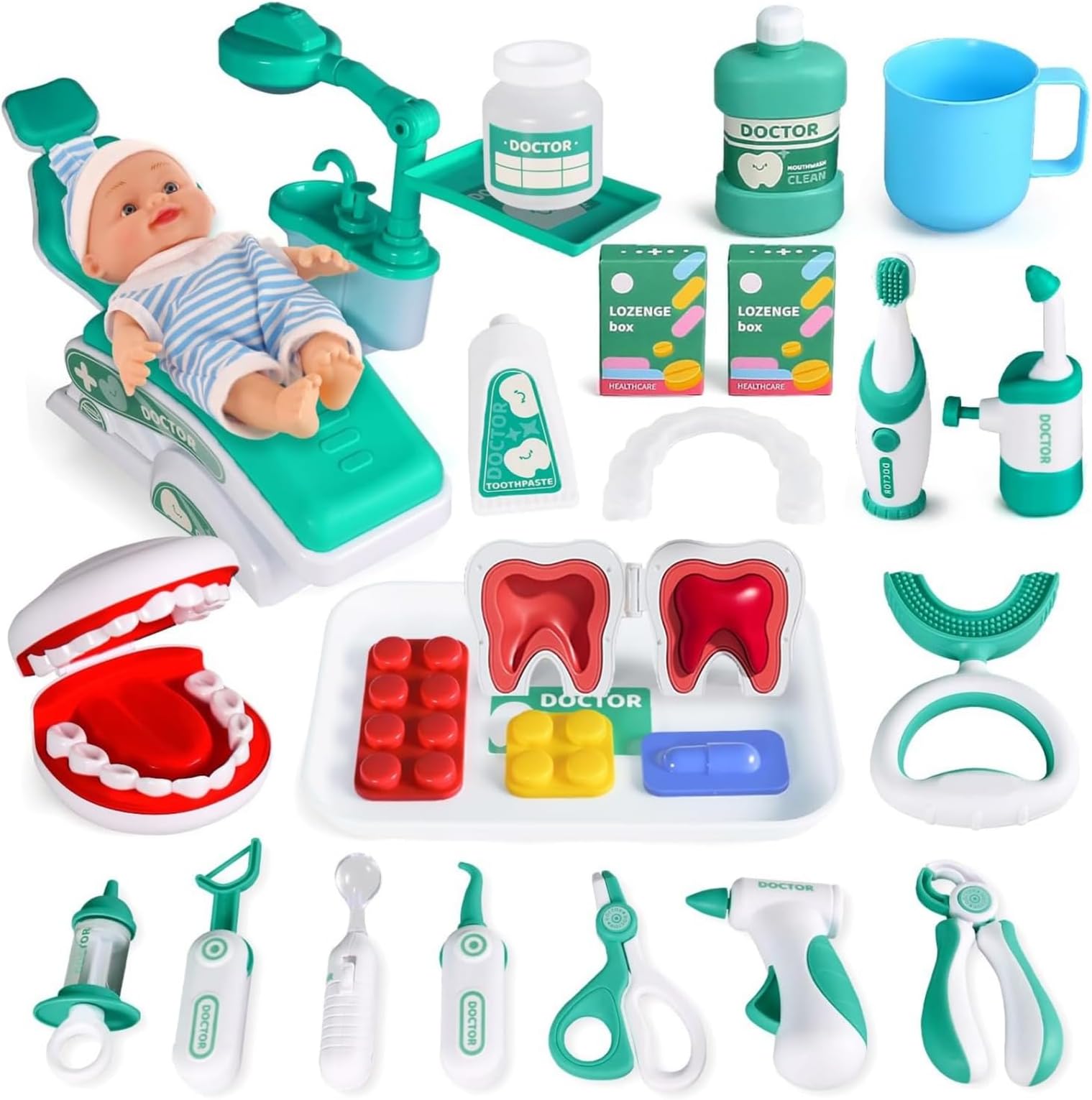 Doctor Kit for Toddlers 3-5, 31 Pcs Pretend Dentist Play Toy Set, Kids Doctors Playset,Dentist Medical Kit with Doctor Role Play Costume Gifts for 3 4 5 6 Year Old Girls Boys Green