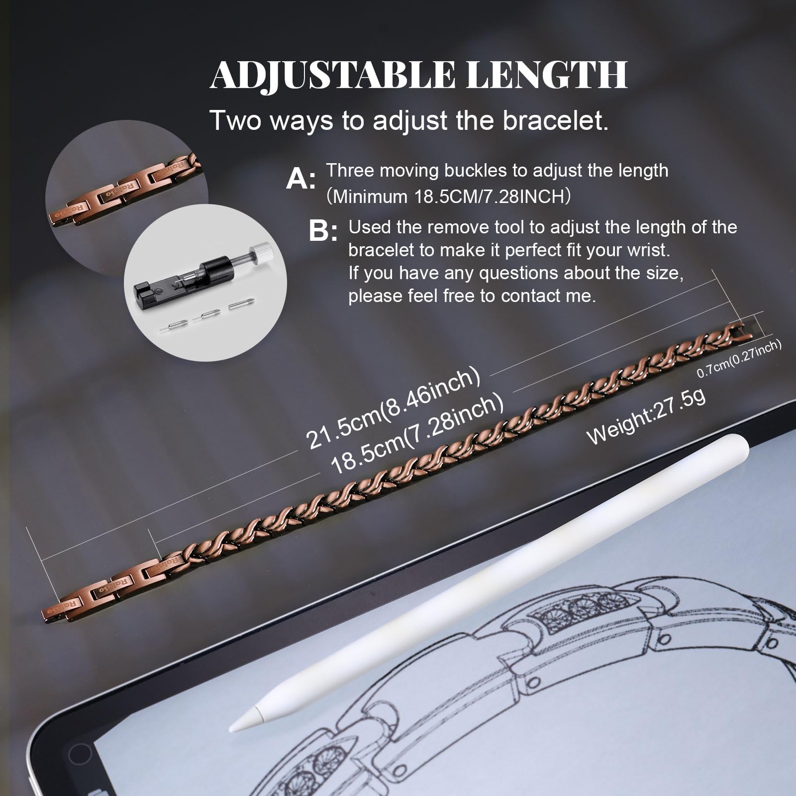 Bracciale Magnetico In Rame Puro Per Donna – Rainso 99,9% Rame Con Magneti 3500 Gauss – Regolabile Per Sollievo Artrite - 3