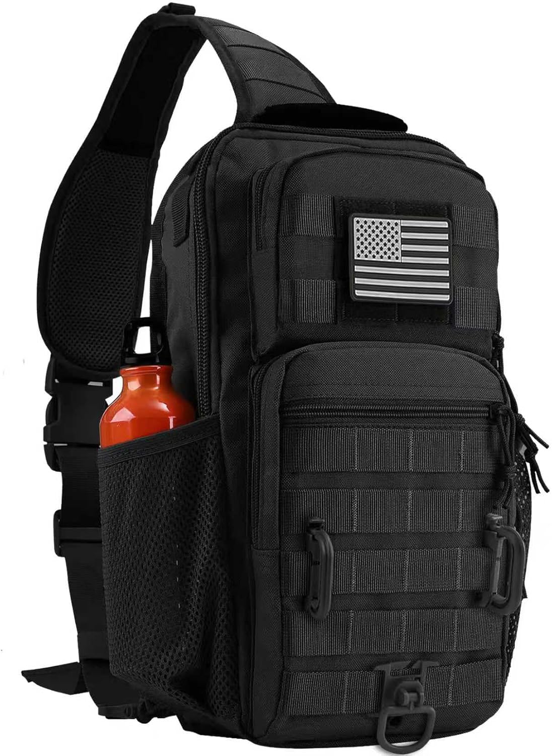 Rover Sling Pack Tactical Shoulder Sling Bag Backpack with Bottle Holder Crossbody Chest Bag, Black with Grey Patch