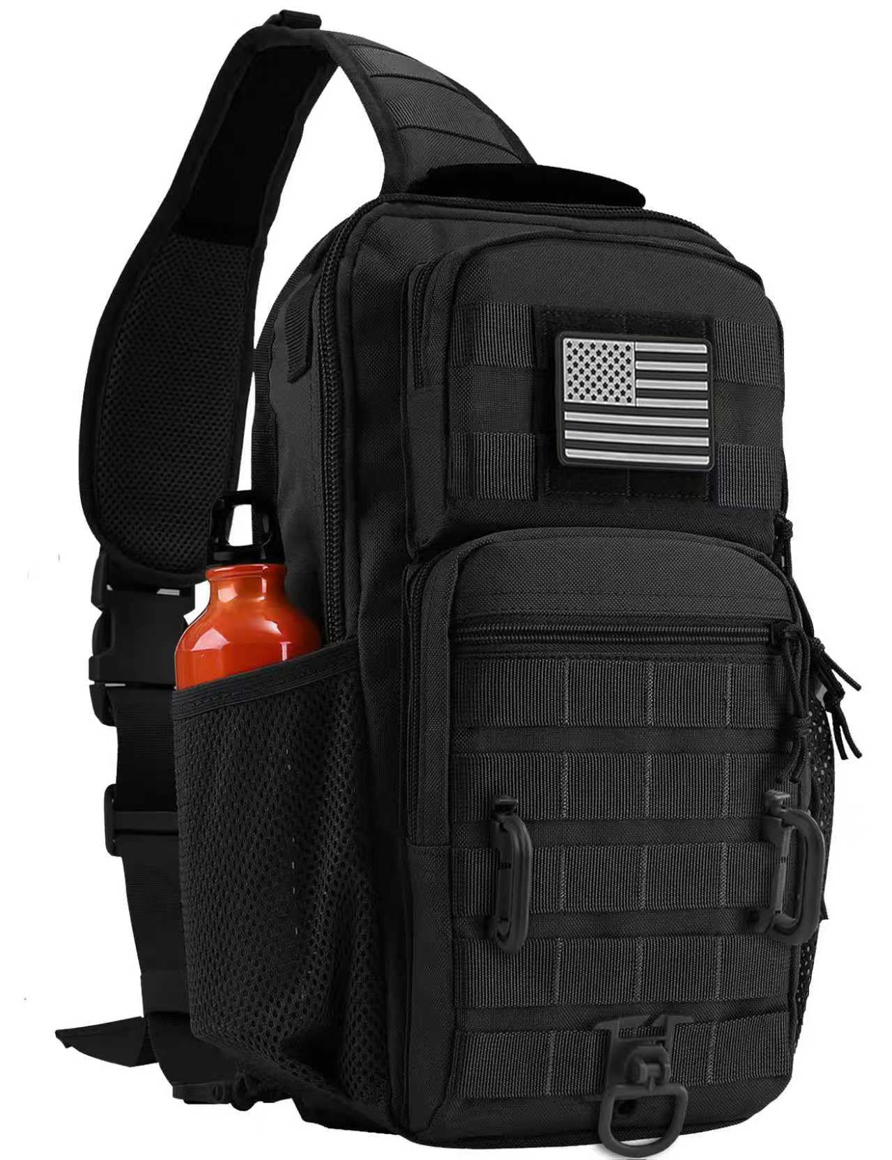 Rover Sling Pack Tactical Shoulder Sling Bag Backpack with Bottle Holder Crossbody Chest Bag Black with Grey Patch