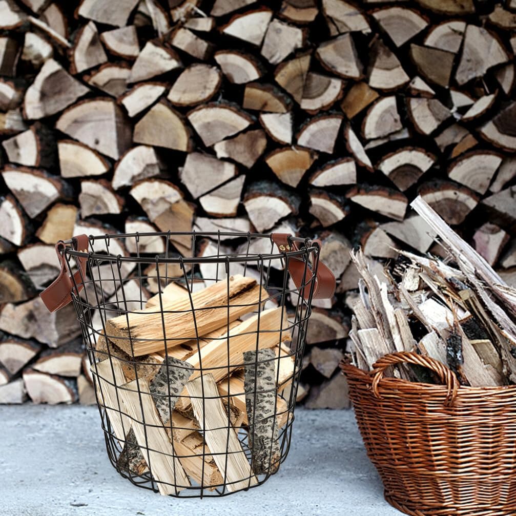 2pcs Metal Wire Storage Basket for Firewood Sturdy Logging Carrier with Handle Versatile Basket for Outdoor Use for Firewood Magazines Toys and More