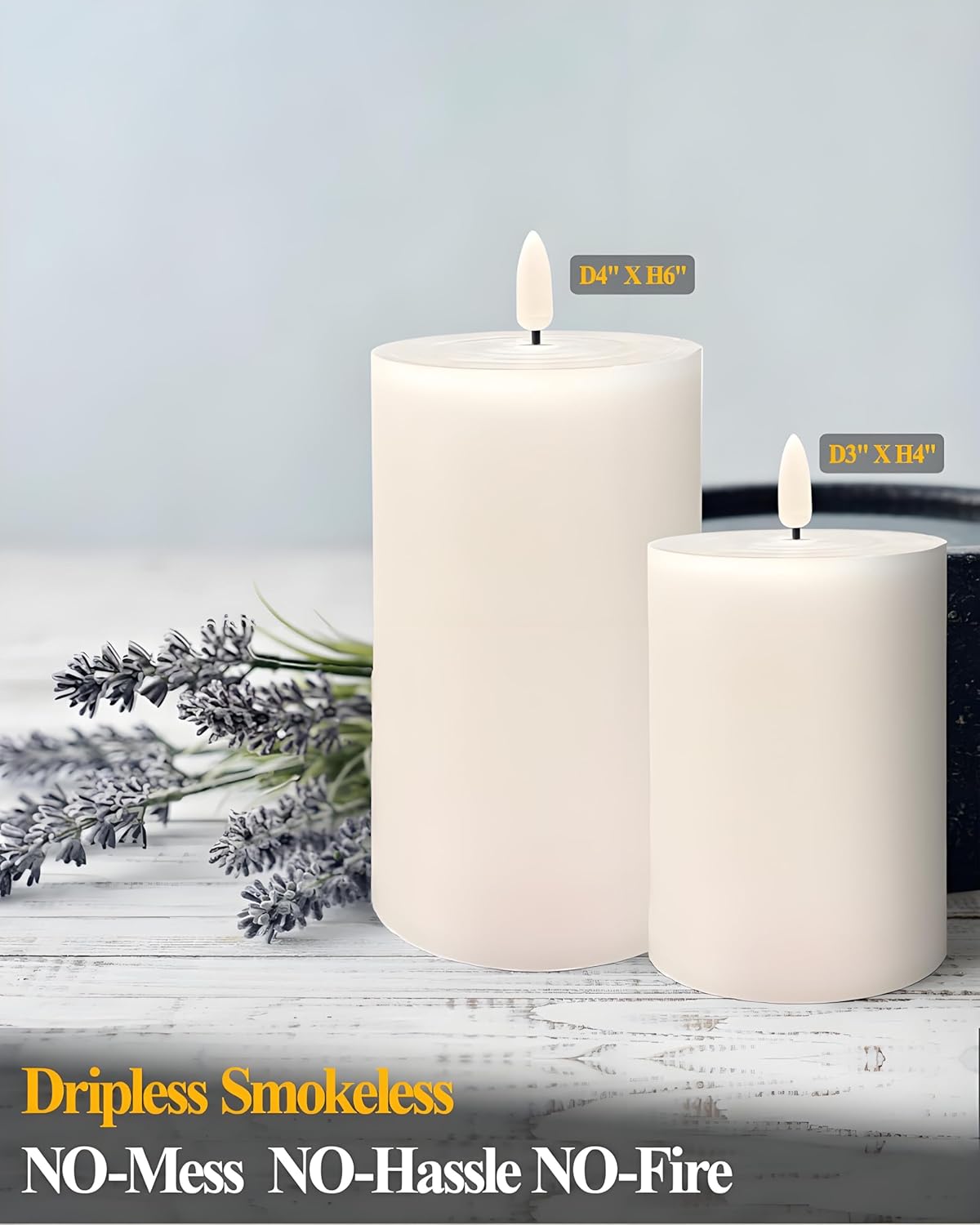 Gmnee 3"x4" Flickering Flameless Candles with Remote Timer, 3" Diameter White Pillar, Real Wax, Set of 2 Large Battery Operated LED Candles for Table and Fireplace Decor (H 4")