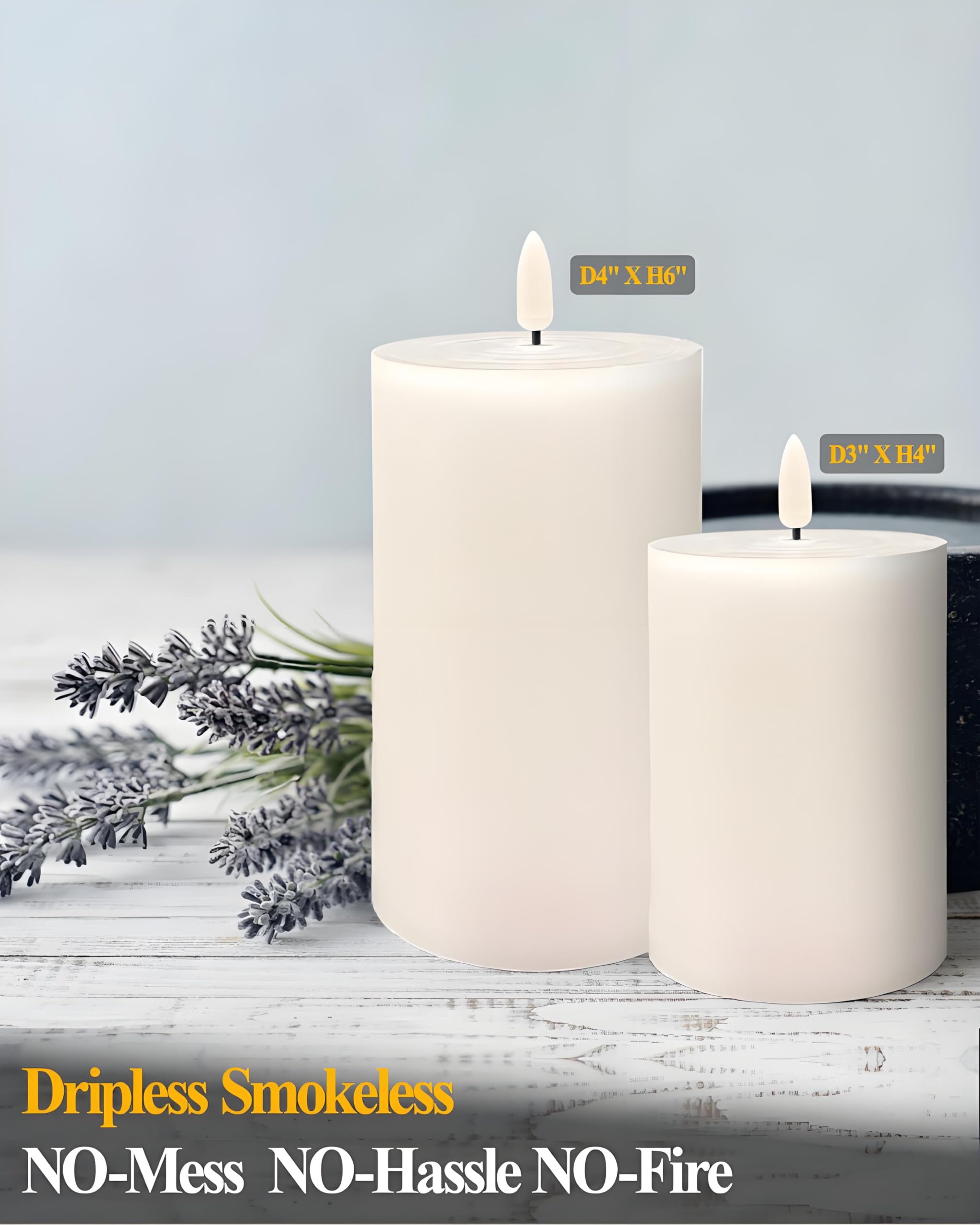 Gmnee Candele cilindriche senza fiamma, confezione da 3 candele a batteria da 350 ore con telecomando, timer, tremolanti, inodore, parte superiore piatta, in vera cera, perfette come grandi candele