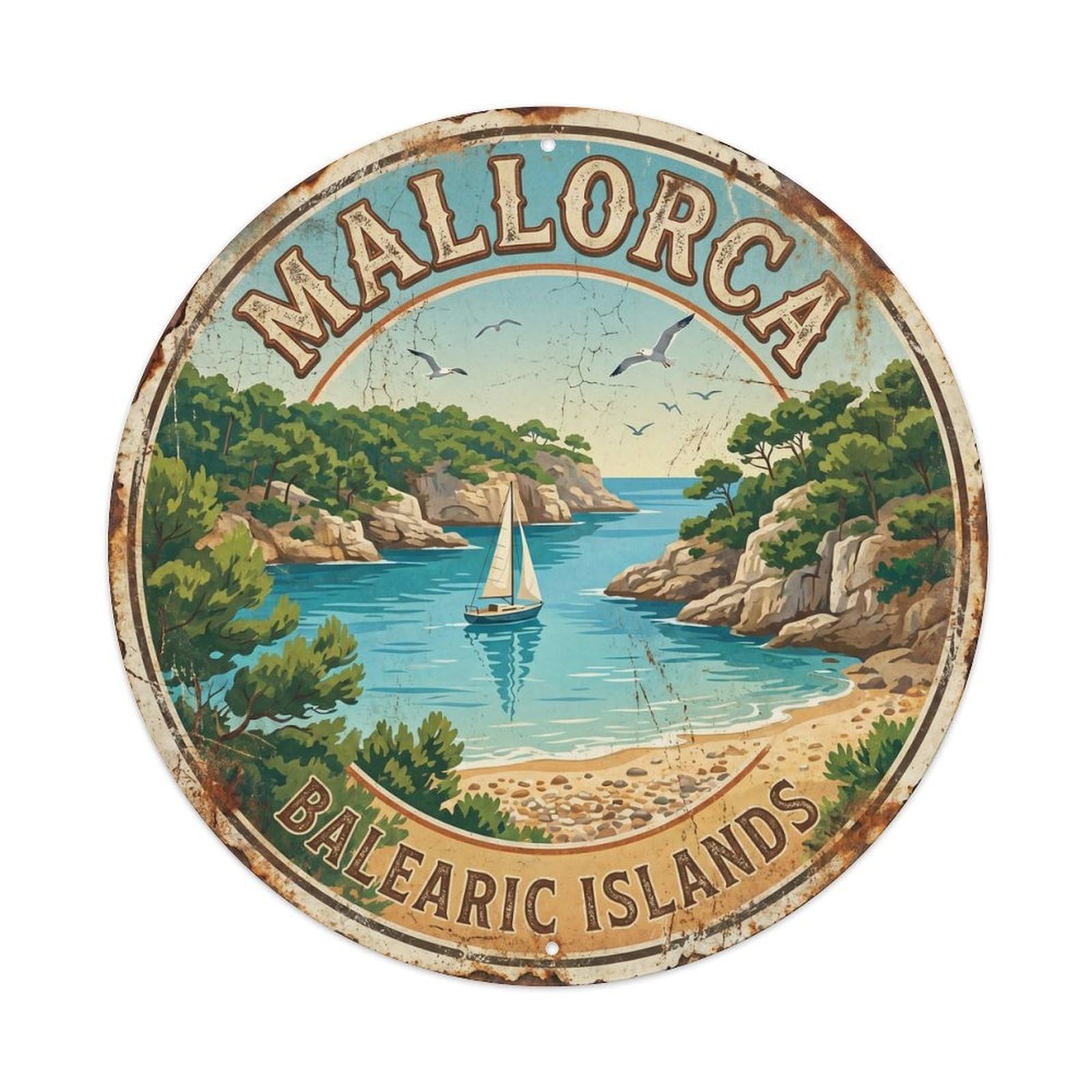 Vintage Travel Mallorca Cove Balearic Metal Tin Sign Plaque Wall Decor for Cafe, Club Bar, Office, Home Garden Round Metal Poster 8x8Inch