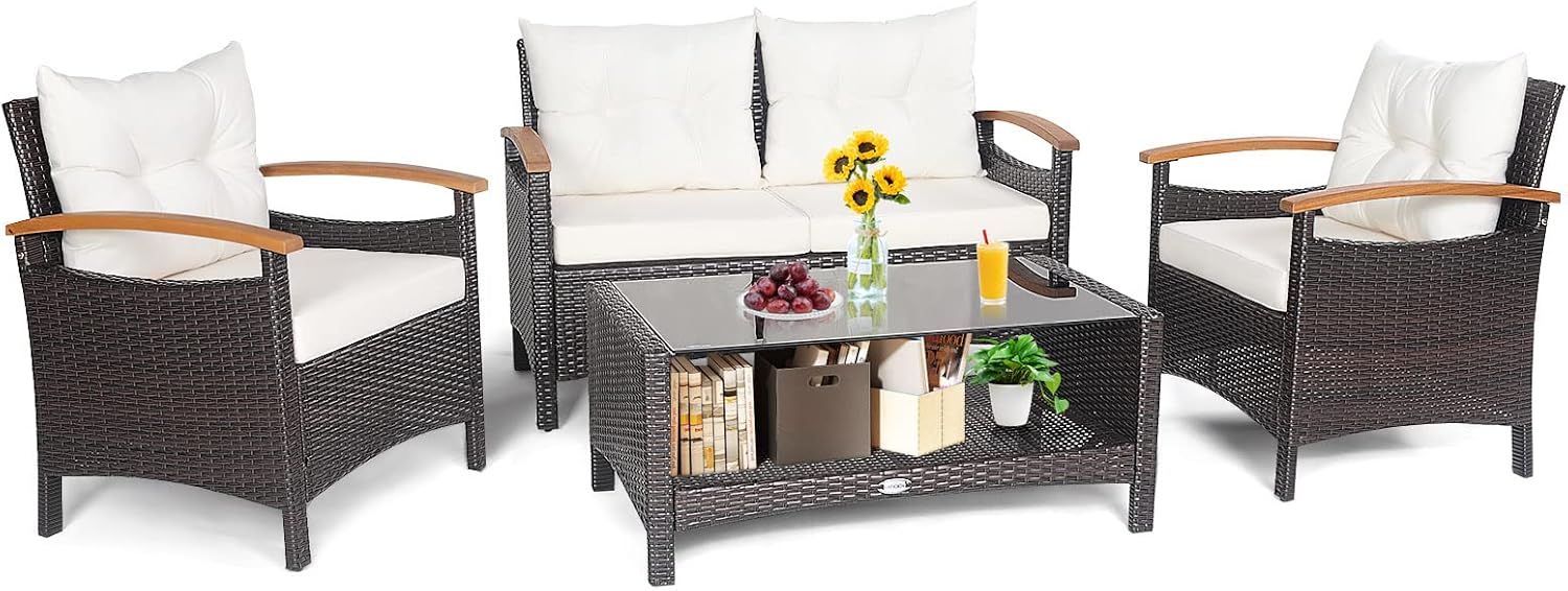 Tangkula 4 Piece Patio Rattan Conversation Set, Outdoor Wicker Sofa Set W/2-Layer Coffee Table, Backrest & Seat Cushions, Acacia Wood Curved Armrests, Suitable for Poolside, Backyard, Deck (1, White)
