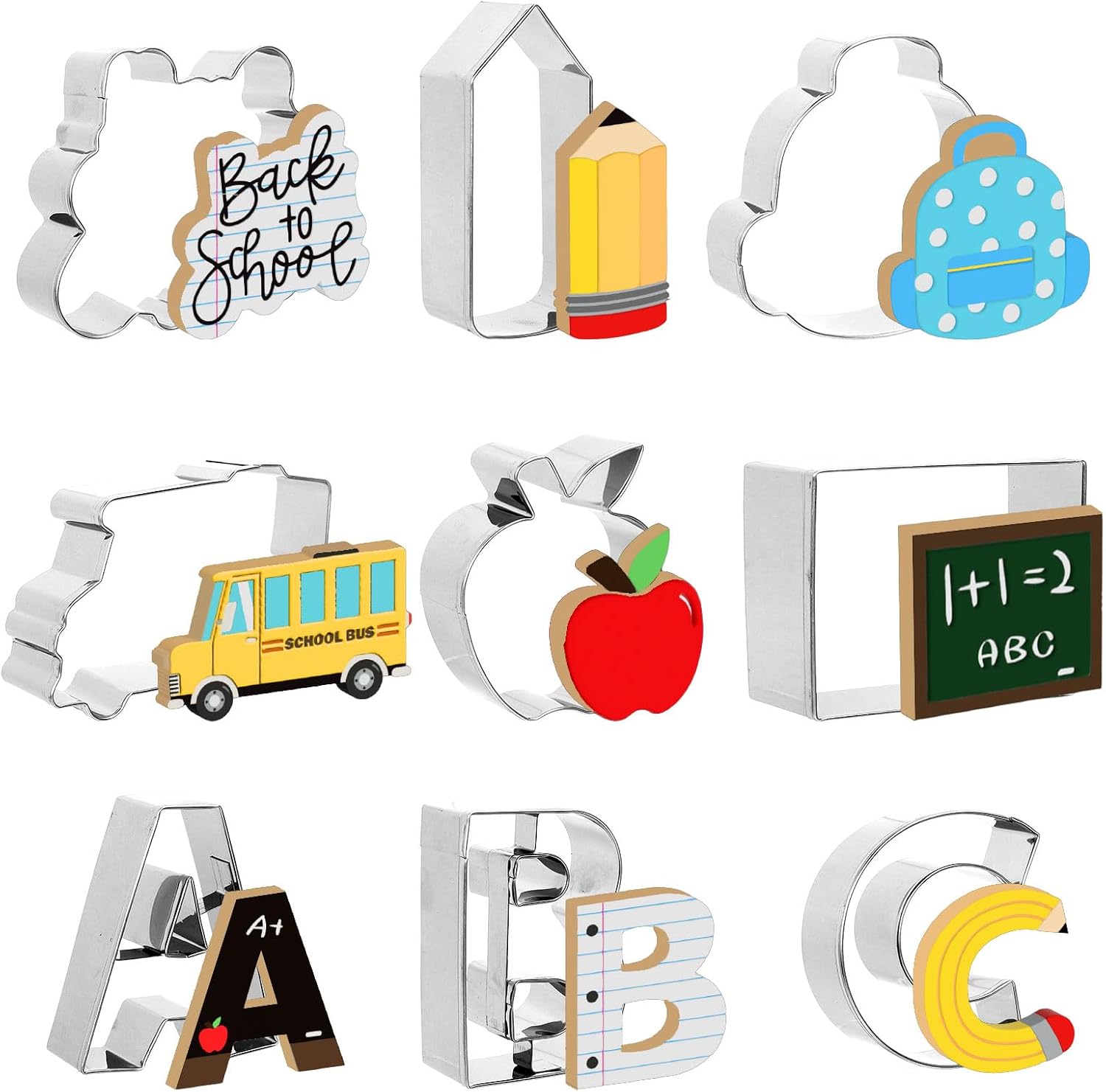 JarThenaAMCS Back to School Cookie Cutter Stainless Steel Pencil School Bus Alphabet ABC Shape Cookie Cutting Molds Biscuit Cutters for Parties DIY Craft Baking Supplies, 9Pcs