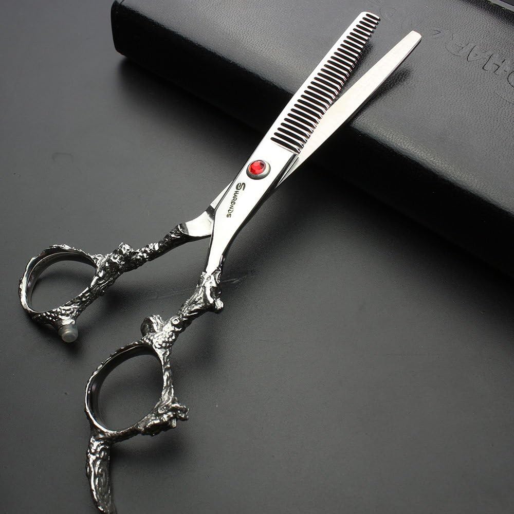 Silver 6-inch scissors exquisite pattern 440c high hardness stainless steel barber shop hairdressing cutting hairstyle and thinning salon professional tools (Thining Scissors)