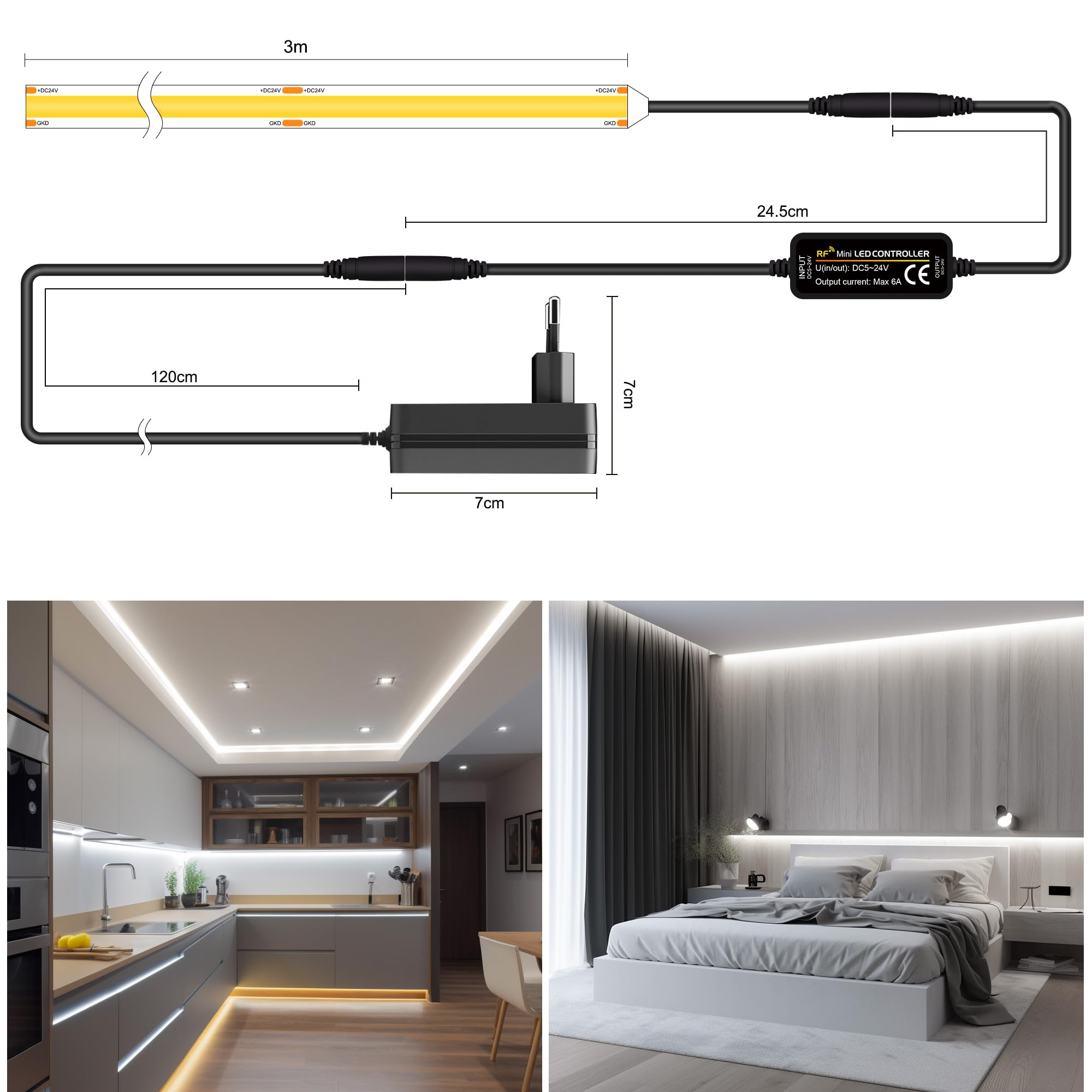 TTWAY Striscia LED COB 3M, LED Striscia 6000K con Alimentatore e Telecomando, DC24V, 480LEDs/M, CRI 90+, larghezza 8mm, Striscia LED 3 metri Bianco Freddo per la Decorazione della Camera da Letto