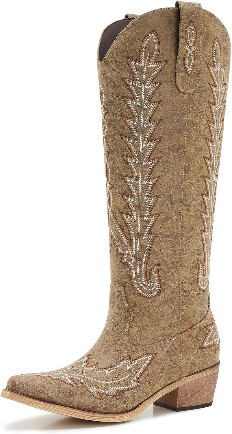 Women Wide Calf Western Cowboy Boots Adjustable Tie Knee High Low Heel Square Toe Cowgirl Boots Plus Size