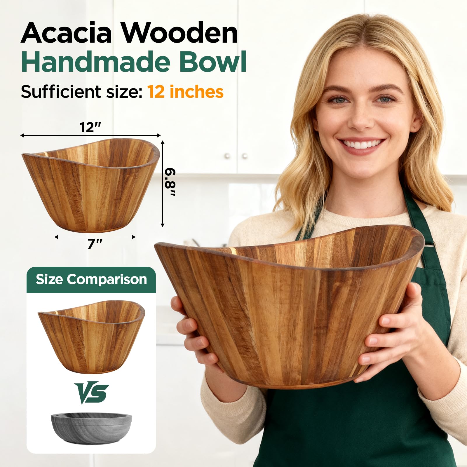 AIUHI Cuenco de madera de acacia de 12 pulgadas, regalo de Navidad, impresionante grano, perfecto para reuniones de Navidad, Acción de Gracias, decorativo para cocina, ideal para ensaladas, aperitivos