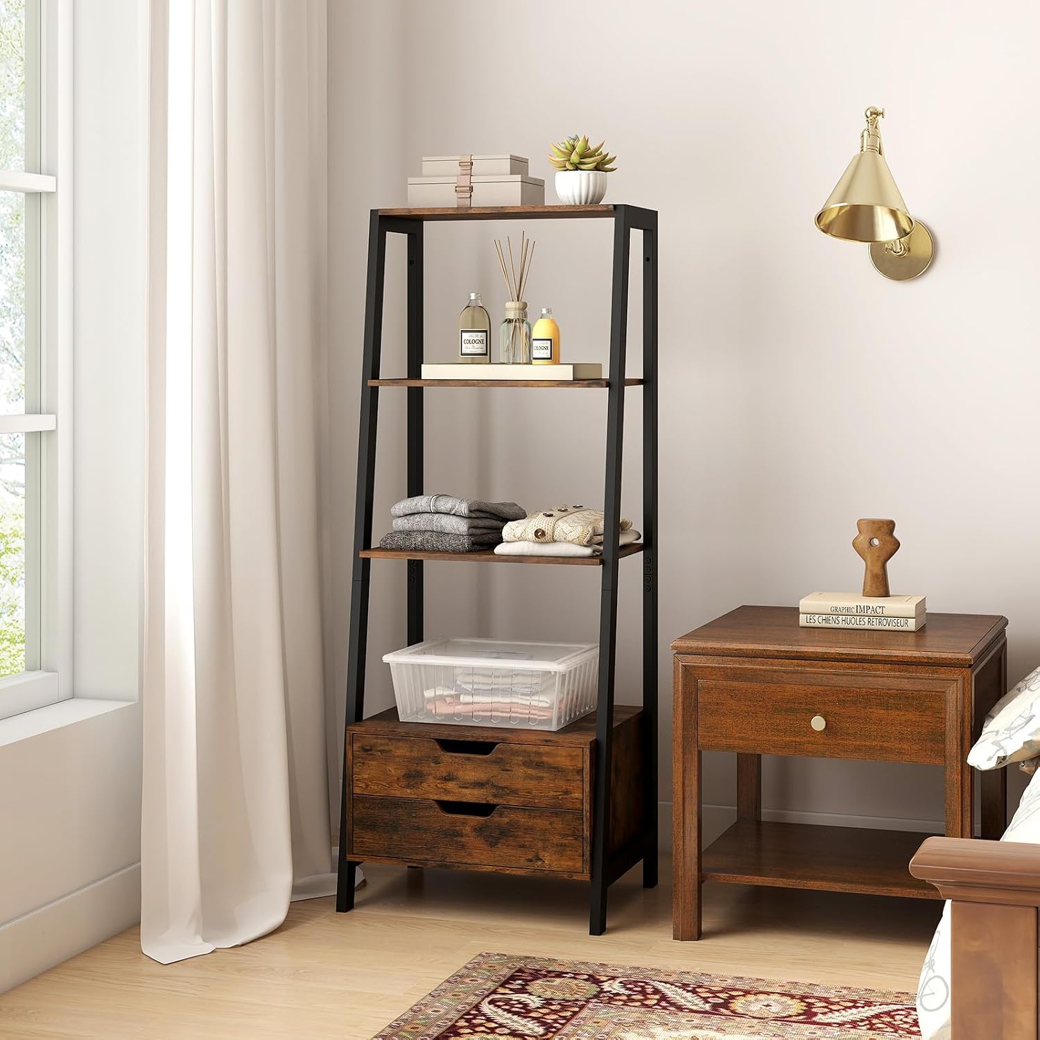 Giantex 4-Tier Bookshelf with 2 Drawers Set of 2, Modern Ladder Bookshelf w/Storage, Sturdy Metal Frame, Anti-toppling Devices, Display Standing Shelf Unit, Freestanding Bookcase, Rustic Brown