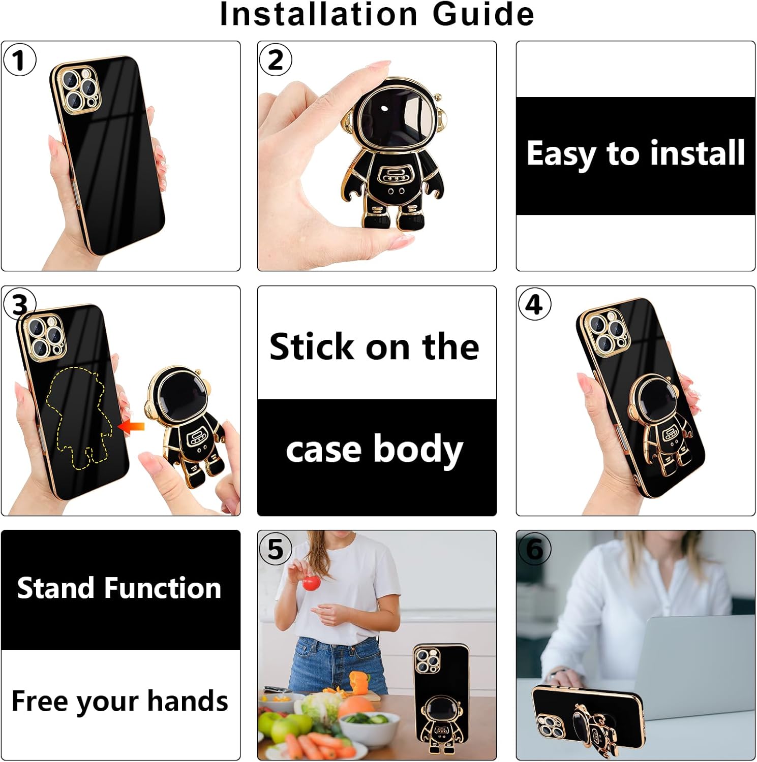 for iPhone 16 Pro Case, Cute 3D Astronaut Stand with [2 Screen Protector] [Camera Protection] Kickstand Shockproof Bling Silicone Soft Back Cover for Apple iPhone 16 Pro Phone Case, Black - Image 6