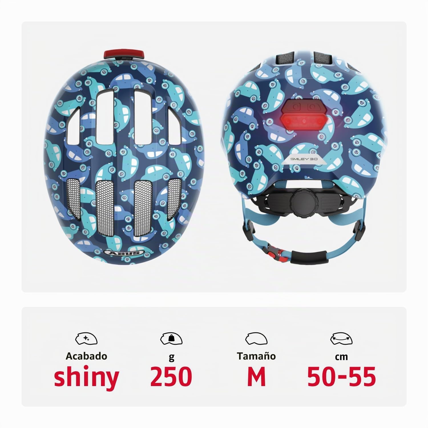 ABUS Casco infantil Smiley 3.0 LED – Casco de bicicleta con luz – ajuste profundo y espacio para una trenza – para niñas y niños