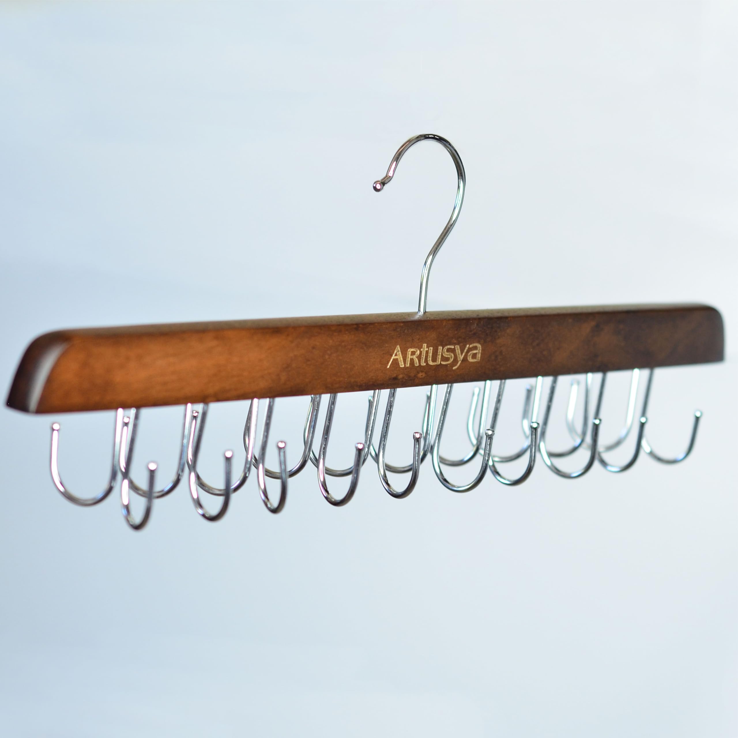 Artusya Belt Hanger for Closet, Sturdy Wood Belt Rack Closet Accessories with 20 Hooks Belt Organizer for Closet Organizers and Storage, Brown